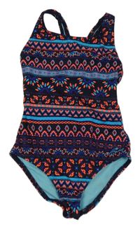 Černo-modro-neonově oranžové vzorované jednodílné plavky