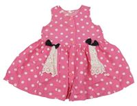 Růžovo-bílé puntíkaté plátěné šaty s madeirovými volánky 