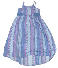 Modro-růžové pruhované šaty s kytičkami Mudd