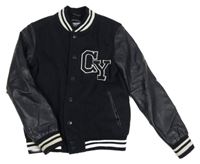 Tmavomodrý vlněno/koženkový lehce zateplený bomber s nápisem Chapter Young 