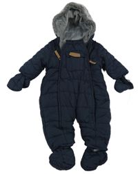 Tmavomodrá šusťáková prošívaná zimní kombinéza s kapucí Mothercare 