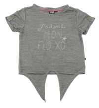 Šedé crop tričko s nápisem a zavazováním 