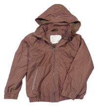 Hnědo-růžová puntíkovaná šusťáková podzimní bunda s kapucí 
