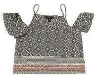 Černo-šedo-bílá vzorovaná crop halenka s volnými rameny New Look