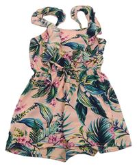 Růžový letní overal s lístečky a květy a volánky zn. PRIMARK