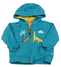 Modrozelená propínací mikina s palmou a dinosaurem a kapucí frugi
