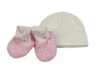 2Set - Smetanová pletená čepice s medvídkem + růžovo/světlerůžové pruhované bačkory vel. 14 Mothercare