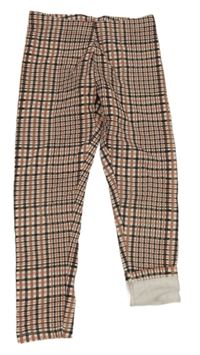 Starorůžovo-bílo-černo-hnědé kostkované vzorované teplákové legíny 