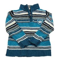 Modrozeleno-bílo-šedo-černo-petrolejový pruhovaný žinylkový svetr s nášivkami C&A