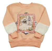 Meruňková teplá mikina s obrazem s dívkou a flitry a kožešinou