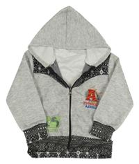 Šedo-černá melírovaná prošívaná propínací mikina s písmenky a vzorem a kapucí