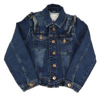 Tmavomodrá tepláková riflová crop bunda s volánky a límečkem Next