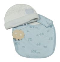 Nové - 2Set - Bílo-světlemodrá vzorovaná čepice s kapsou Patachou + světlemodrý bryndák se sloníky