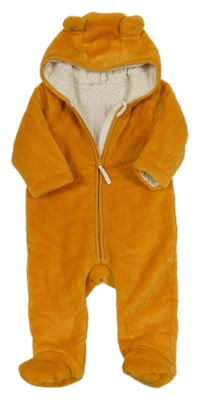 Hořčicová plyšová zateplená kombinéza s kapucí s oušky ORCHESTRA