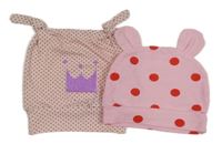 2x - Puntíkatá čepice s oušky - Světlepudrová s korunkou, světlerůžová