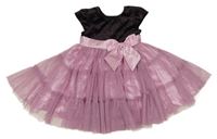 Růžovo-černé tylovo/saténovo/sametové slavnostní šaty s mašlí a třpytkami 