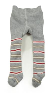 Šedo-bílo-červeno-hnědé pruhované melírované teplé punčocháče s nápisy 