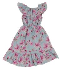 Světlemodré šaty s květy a volánkem 