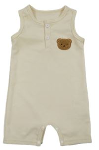 Vanilkový žebrovaný kraťasový overal s medvídkem 