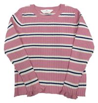 Růžovo-bílo-tmavomodrý pruhovaný žebrovaný úpletový svetr s volánky H&M