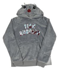 Šedá plyšová mikina s nápisy z překlápěcích flitrů a kapsou a kapucí - sob H&M