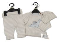 Nové - 3Set - Světlebéžovo-bílý pruhovaný svetr s dinosaurem + kalhoty + čepice Mothercare
