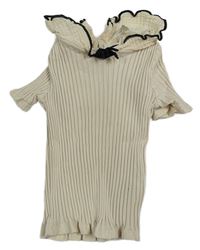 Béžové žebrované crop tričko s límečkem a mašlí H&M