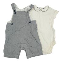 2set - Tmavomodro-bílé pruhované plátěné podšité laclové kraťasy + smetanové body s límečkem M&S