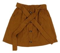 Hnědá žebrovaná sukně s knoflíky a páskem Shein