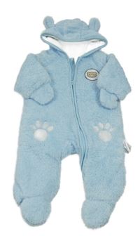 Světlemodrá chlupatá zateplená kombinéza s medvědem a kapucí