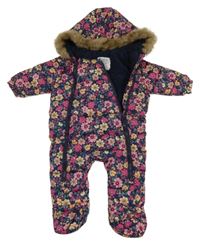 Tmavomodro-růžová květovaná šusťáková zimní kombinéza s kapucí F&F