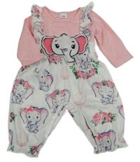 Bílo-růžový overal se slony a květinami