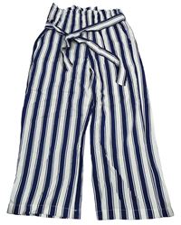 Tmavomodro-bílé pruhované lehké culottes kalhoty s páskem L&D