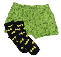 2set - Zelené boxerky s kopačkami + černé ponožky s logy Batmana