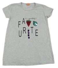 Šedé melírované tričko s nápisem a obrázky z překlápěcích flitrů