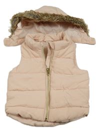 Světlerůžová šusťáková zateplená vesta s kapucí s kožešinou H&M