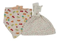 2 set - bílá květovaná čepice + bílo-oranžový slinták s ovocem 