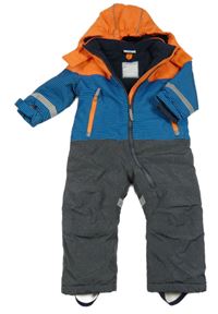 Oranžovo-modrá pruhovaná šusťáková zimní kombinéza s kapucí Topomini