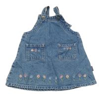 Světlemodré laclové riflové šaty s výšivkami květů 