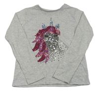 Světlešedé melírované třpytivé triko s jednorožcem z flitrů Primark