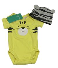 2set - Žluté body s tygrem + šedo-černá pruhovaná čepice H&M