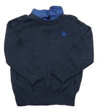 Tmavomodrý svetr s výšivkou a košilovou vsadkou Next