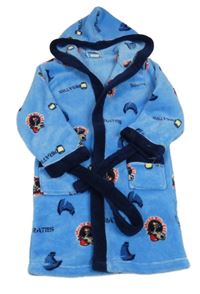 Modrý plyšový župan s nápisy a pejskem a kapucí 