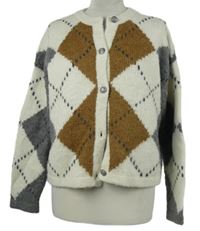 Dámský bílo-hěndo-šedý károvaný propínací svetr Primark 