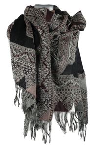Dámská vínovo-černá vzorovaná šála s třásněmi 
