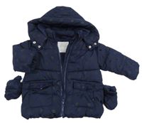 Tmavomodrá puntíkatá šusťáková zimní bunda s kapucí + rukavice Primark