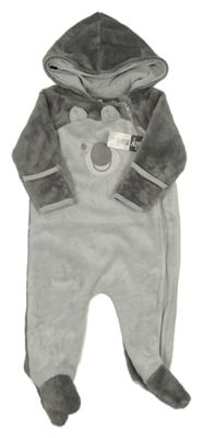 Nové - Šedá chlupatá kombinéza s medvědem a kapucí 