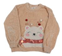 Broskvový žinylkový svetr s medvídkem C&A