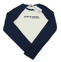 Nové - Bílo-tmavomodré žebrované crop triko s nápisem H&M