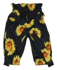 Černé saténové turecké kalhoty se slunečnicemi a páskem